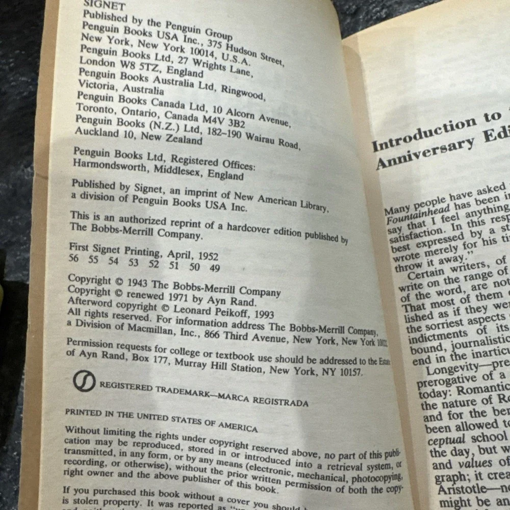 Ayn Rand the Fountainhead 50th Anniversary Edition 1993